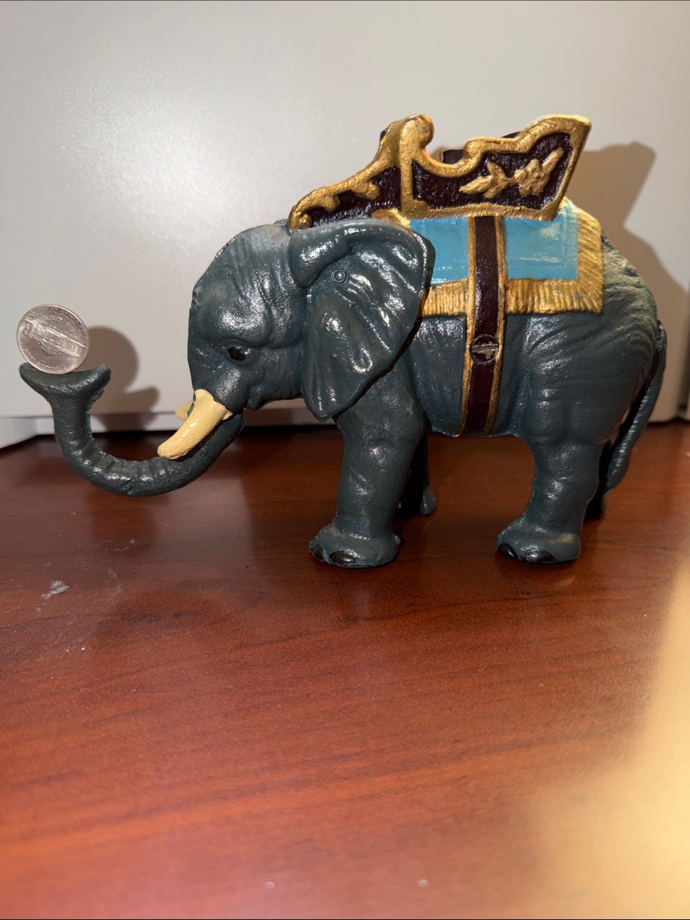 Vintage Cast Iron Pull Tail Elephant Bank With Howdah